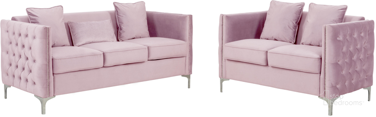 The appearance of Bayberry Pink Velvet Sofa Loveseat Living Room Set designed by Lilola Home in the modern / contemporary interior design. This pink piece of furniture  was selected by 1StopBedrooms from Bayberry Collection to add a touch of cosiness and style into your home. Sku: 89634PK-SL. Material: Wood. Product Type: Living Room Set. Image1