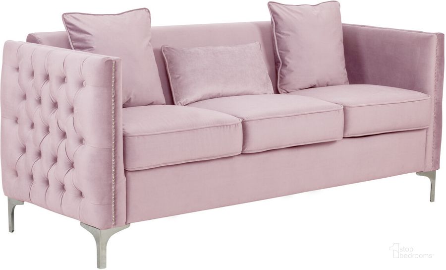 The appearance of Bayberry Pink Velvet Sofa With 3 Pillows designed by Lilola Home in the modern / contemporary interior design. This pink piece of furniture  was selected by 1StopBedrooms from Bayberry Collection to add a touch of cosiness and style into your home. Sku: 89634PK-S. Material: Wood. Product Type: Sofa. Image1