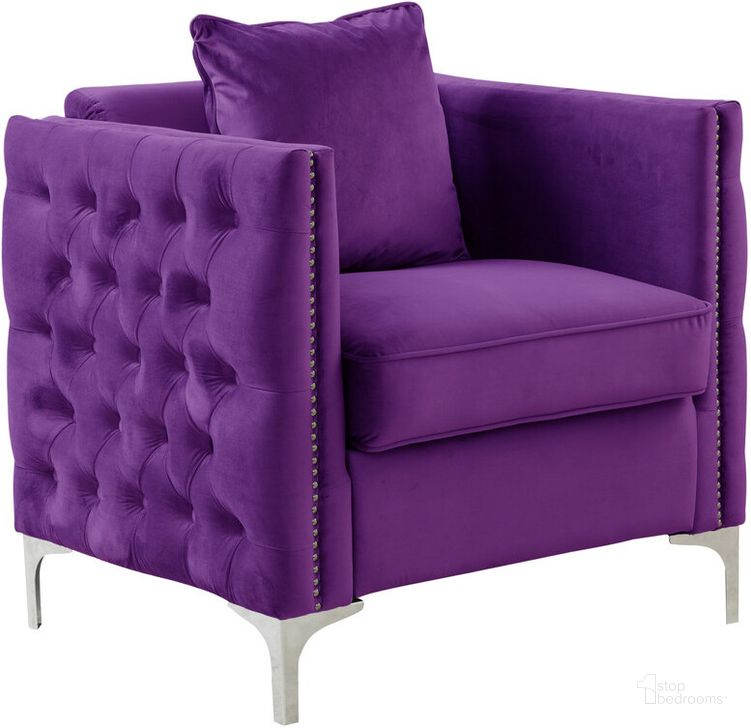 The appearance of Bayberry Purple Velvet Chair With 1 Pillow designed by Lilola Home in the modern / contemporary interior design. This purple piece of furniture  was selected by 1StopBedrooms from Bayberry Collection to add a touch of cosiness and style into your home. Sku: 89634PE-C. Material: Wood. Product Type: Accent Chair. Image1