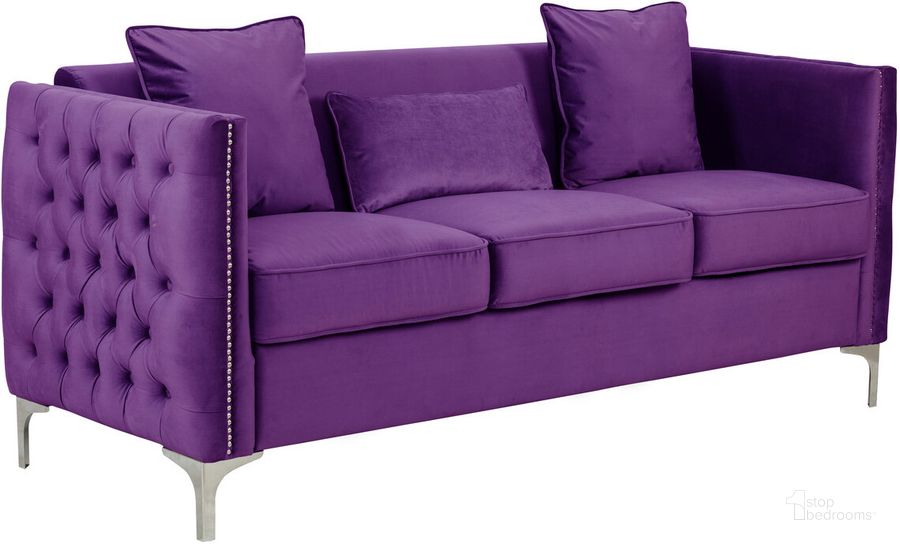 The appearance of Bayberry Purple Velvet Sofa With 3 Pillows designed by Lilola Home in the modern / contemporary interior design. This purple piece of furniture  was selected by 1StopBedrooms from Bayberry Collection to add a touch of cosiness and style into your home. Sku: 89634PE-S. Material: Wood. Product Type: Sofa. Image1