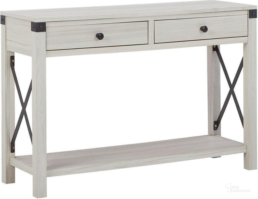 The appearance of Bayflynn Whitewash Rectangular Console Table designed by Signature Design by Ashley in the transitional interior design. This white wash piece of furniture  was selected by 1StopBedrooms from Bayflynn Collection to add a touch of cosiness and style into your home. Sku: T172-4. Material: Metal. Product Type: Console Table. Image1