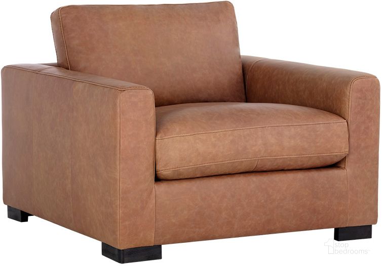 The appearance of Baylor Armchair In Marseille Camel Leather designed by Sunpan in the modern / contemporary interior design. This camel piece of furniture  was selected by 1StopBedrooms from Baylor Collection to add a touch of cosiness and style into your home. Sku: 106945. Material: Leather. Product Type: Arm Chair. Image1