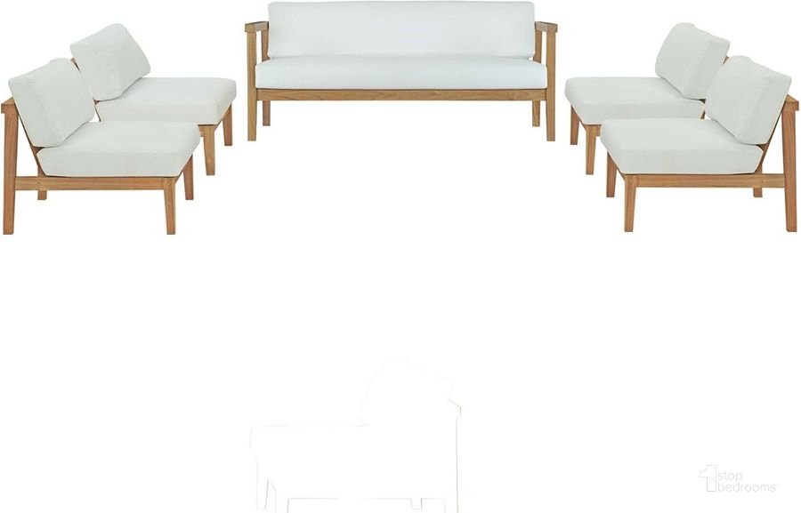 The appearance of Bayport 5 Piece Outdoor Patio Teak Set In Natural White EEI-5484-NAT-WHI-SET designed by Modway in the modern / contemporary interior design. This natural white piece of furniture  was selected by 1StopBedrooms from Bayport Collection to add a touch of cosiness and style into your home. Sku: EEI-5484-NAT-WHI-SET. Material: Wood. Product Type: Outdoor Conversation Set. Image1