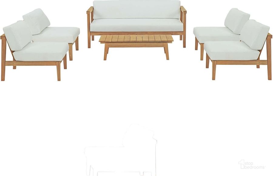 The appearance of Bayport 6 Piece Outdoor Patio Teak Set In Natural White EEI-5483-NAT-WHI-SET designed by Modway in the modern / contemporary interior design. This natural white piece of furniture  was selected by 1StopBedrooms from Bayport Collection to add a touch of cosiness and style into your home. Sku: EEI-5483-NAT-WHI-SET. Material: Wood. Product Type: Outdoor Conversation Set. Image1