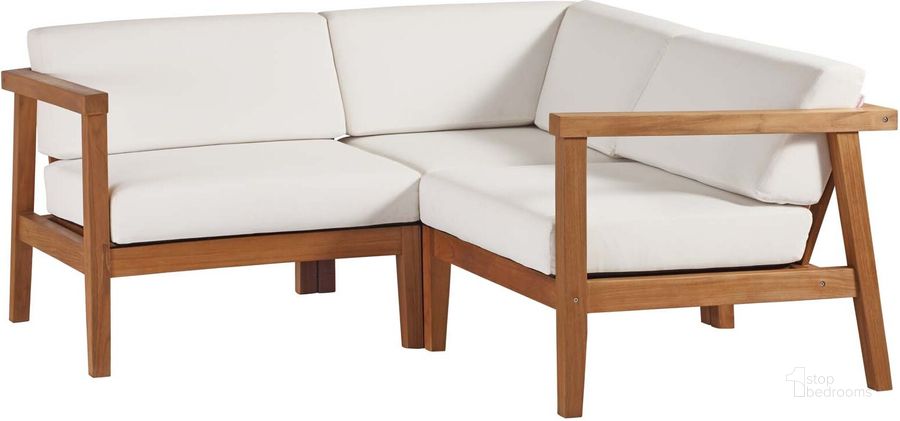 The appearance of Bayport Outdoor Patio Teak Wood 3-Piece Sectional Sofa Set In Natural White designed by Modway in the modern / contemporary interior design. This natural white piece of furniture  was selected by 1StopBedrooms from Bayport Collection to add a touch of cosiness and style into your home. Sku: EEI-4258-NAT-WHI-SET. Product Type: Outdoor Sectional. Material: Foam. Image1