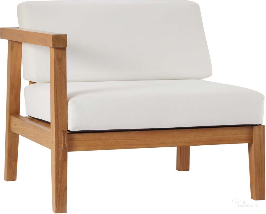 The appearance of Bayport Outdoor Patio Teak Wood Left-Arm Chair In Natural White designed by Modway in the modern / contemporary interior design. This natural white piece of furniture  was selected by 1StopBedrooms from Bayport Collection to add a touch of cosiness and style into your home. Sku: EEI-4128-NAT-WHI. Product Type: Outdoor Chair. Material: Foam. Image1