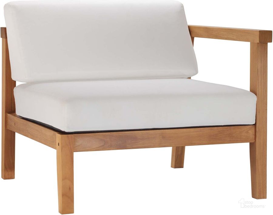 The appearance of Bayport Outdoor Patio Teak Wood Right-Arm Chair In Natural White designed by Modway in the modern / contemporary interior design. This natural white piece of furniture  was selected by 1StopBedrooms from Bayport Collection to add a touch of cosiness and style into your home. Sku: EEI-4129-NAT-WHI. Product Type: Outdoor Chair. Material: Foam. Image1