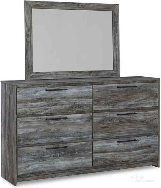 The appearance of Baystorm Dresser and Mirror In Gray designed by Signature Design by Ashley in the transitional interior design. This gray piece of furniture  was selected by 1StopBedrooms from Baystorm Collection to add a touch of cosiness and style into your home. Sku: B221-31;B221-35. Material: Wood. Product Type: Dresser and Mirror. Image1