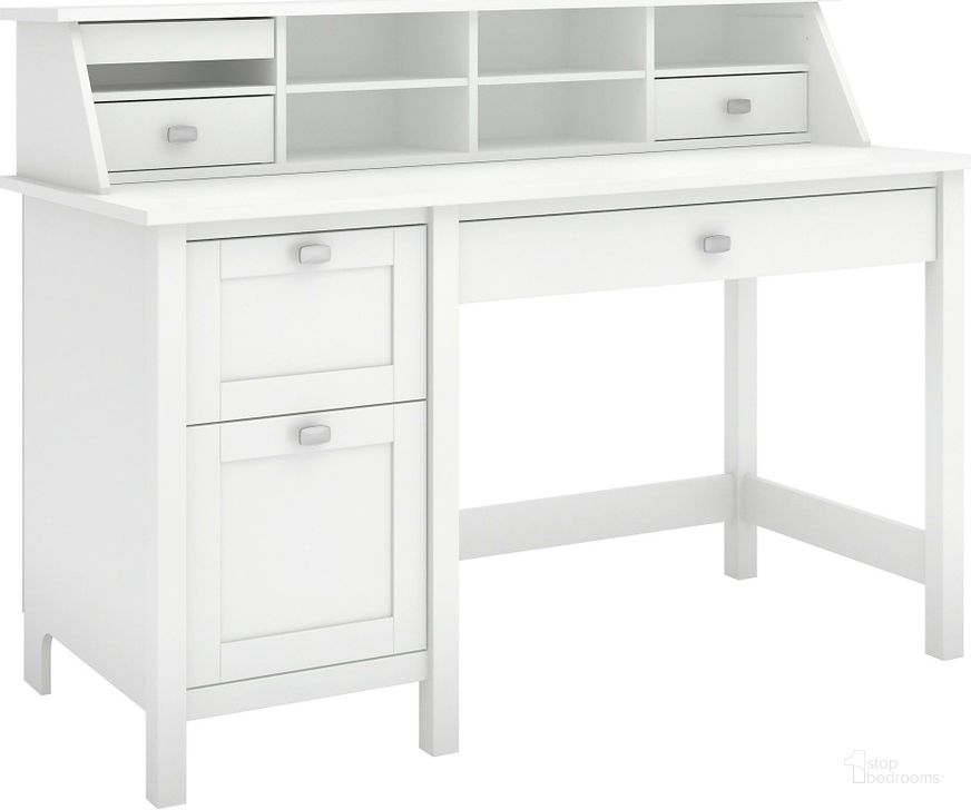 The appearance of Broadview Pure White Computer Desk with 2 Drawer Pedestal and Organizer designed by Bush Furniture in the modern / contemporary interior design. This white piece of furniture  was selected by 1StopBedrooms from Broadview Collection to add a touch of cosiness and style into your home. Sku: BD005WH. Material: Wood. Product Type: Computer Desk. Image1