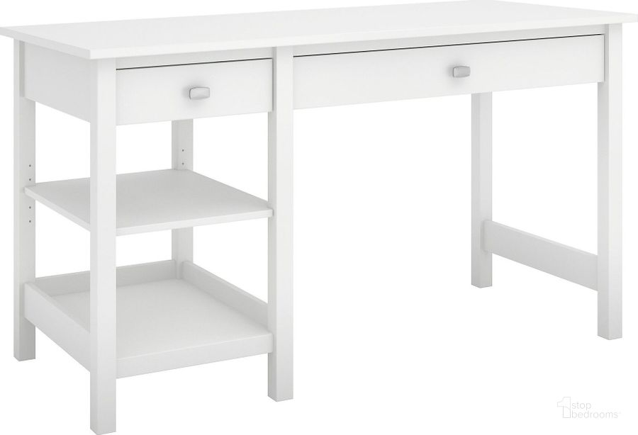 The appearance of Broadview Pure White Computer Desk with Open Storage designed by Bush Furniture in the modern / contemporary interior design. This white piece of furniture  was selected by 1StopBedrooms from Broadview Collection to add a touch of cosiness and style into your home. Sku: BDD154WH-03. Material: Wood. Product Type: Computer Desk. Image1