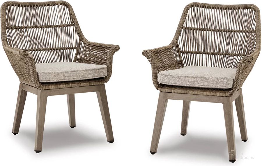 The appearance of Beach Front Beige Arm Chair With Cushion Set Of 2 designed by Signature Design by Ashley in the transitional interior design. This beige piece of furniture  was selected by 1StopBedrooms from Beach Front Collection to add a touch of cosiness and style into your home. Sku: P399-601A. Material: Fabric. Product Type: Outdoor Dining Chair. Image1