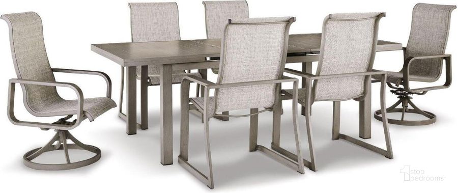The appearance of Beach Front Beige Outdoor Extendable Dining Room Set designed by Signature Design by Ashley in the modern / contemporary interior design. This beige piece of furniture  was selected by 1StopBedrooms from Beach Front Collection to add a touch of cosiness and style into your home. Sku: P323-635;P323-603A. Material: Metal. Table Top Shape: Rectangular. Product Type: Outdoor Dining Set. Image1