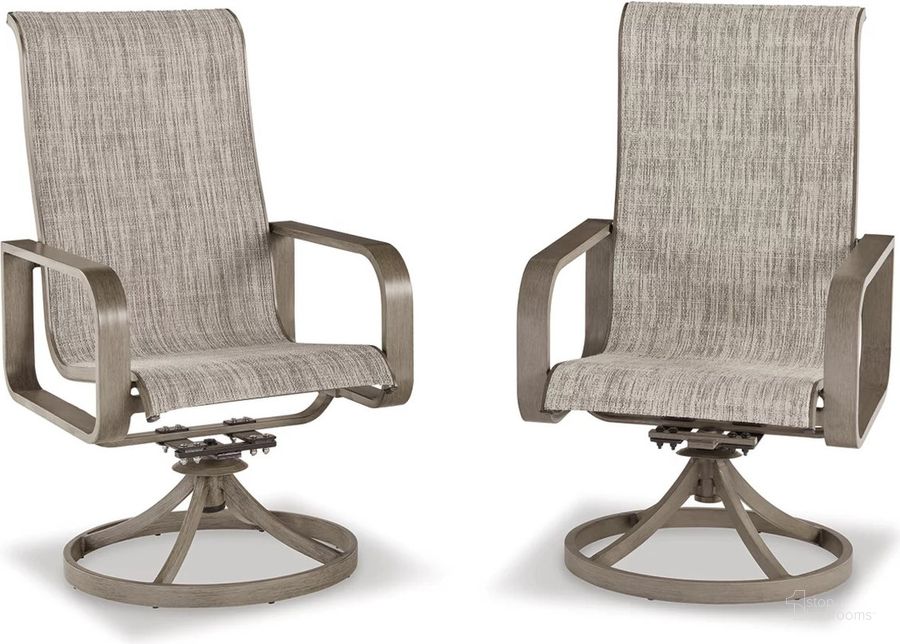 The appearance of Beach Front Beige Sling Swivel Chair Set Of 2 designed by Signature Design by Ashley in the modern / contemporary interior design. This beige piece of furniture  was selected by 1StopBedrooms from Beach Front Collection to add a touch of cosiness and style into your home. Sku: P323-603A. Material: Fabric. Product Type: Outdoor Chair. Image1