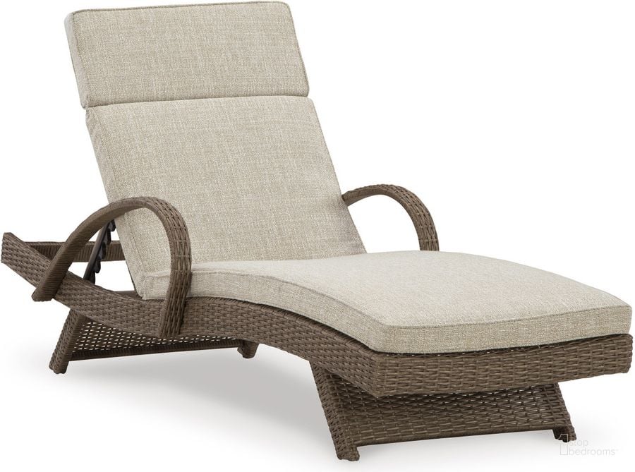 The appearance of Beachcroft Beige Chaise Lounge with Cushion designed by Signature Design by Ashley in the transitional interior design. This beige piece of furniture  was selected by 1StopBedrooms from Beachcroft Collection to add a touch of cosiness and style into your home. Sku: P791-815. Material: Fabric. Product Type: Outdoor Chaise Lounge. Image1