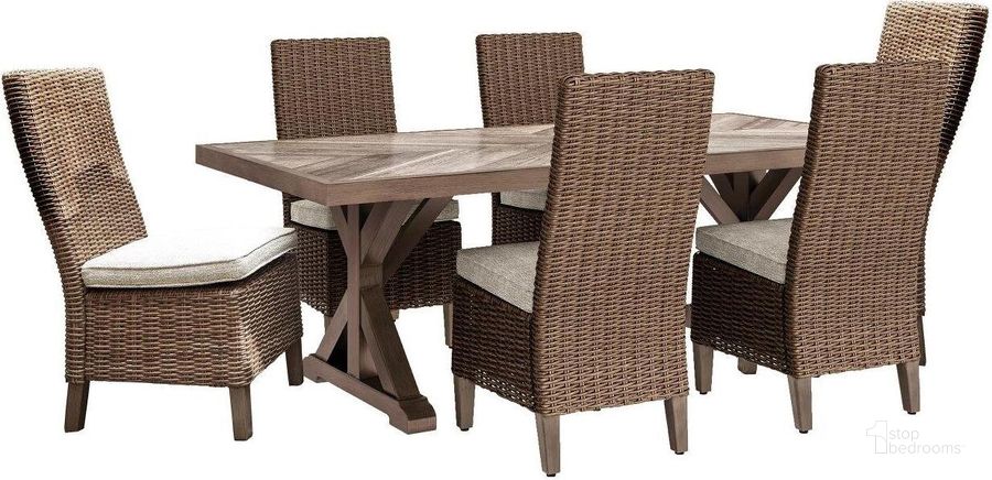 The appearance of Beachcroft Outdoor Dining Set designed by Signature Design by Ashley in the transitional interior design. This beige piece of furniture  was selected by 1StopBedrooms from Beachcroft Collection to add a touch of cosiness and style into your home. Sku: P791-625;P791-601. Material: Fabric. Table Top Shape: Rectangular. Product Type: Outdoor Dining Set. Image1