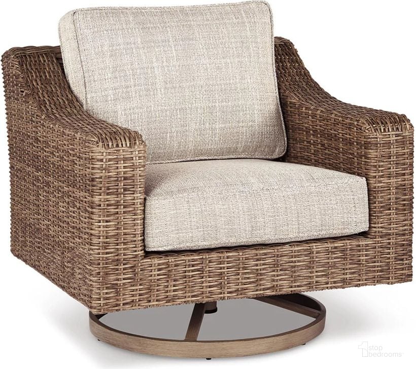 The appearance of Beachcroft Light Gray Outdoor Swivel Lounge Chair designed by Signature Design by Ashley in the transitional interior design. This beige piece of furniture  was selected by 1StopBedrooms from Beachcroft Collection to add a touch of cosiness and style into your home. Sku: P791-821. Material: Fabric. Product Type: Outdoor Lounge Chair. Image1
