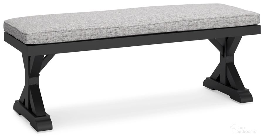 The appearance of Beachcroft Outdoor Bench with Cushion In Black/Light Gray designed by Signature Design by Ashley in the transitional interior design. This black/light gray piece of furniture  was selected by 1StopBedrooms from Beachcroft Collection to add a touch of cosiness and style into your home. Sku: P792-600. Material: Fabric. Product Type: Outdoor Bench. Image1
