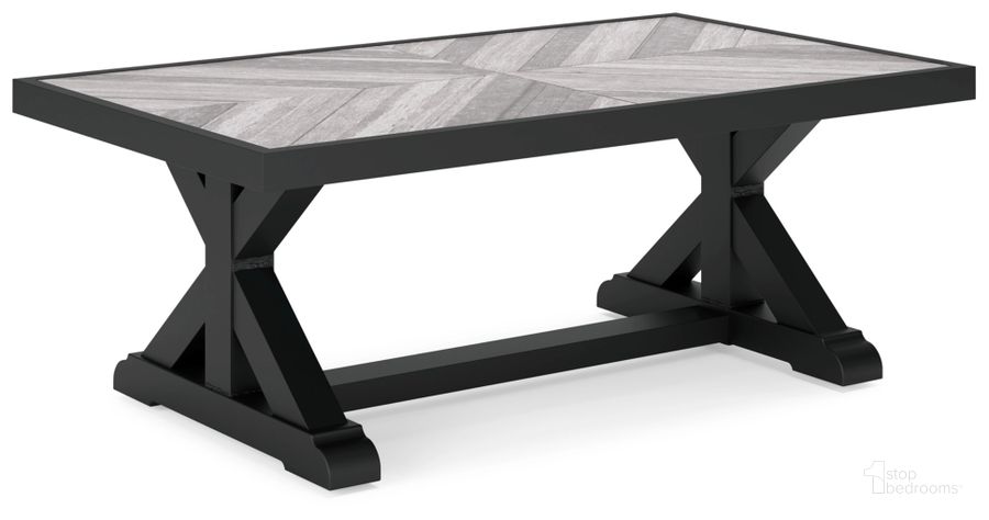 The appearance of Beachcroft Outdoor Coffee Table In Black/Light Gray designed by Signature Design by Ashley in the transitional interior design. This black/light gray piece of furniture  was selected by 1StopBedrooms from Beachcroft Collection to add a touch of cosiness and style into your home. Sku: P792-701. Material: Aluminum. Product Type: Outdoor Table. Image1