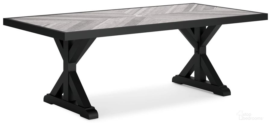 The appearance of Beachcroft Outdoor Dining Table In Black/Light Gray designed by Signature Design by Ashley in the transitional interior design. This black/light gray piece of furniture  was selected by 1StopBedrooms from Beachcroft Collection to add a touch of cosiness and style into your home. Sku: P792-625. Material: Marble. Product Type: Outdoor Dining Table. Image1