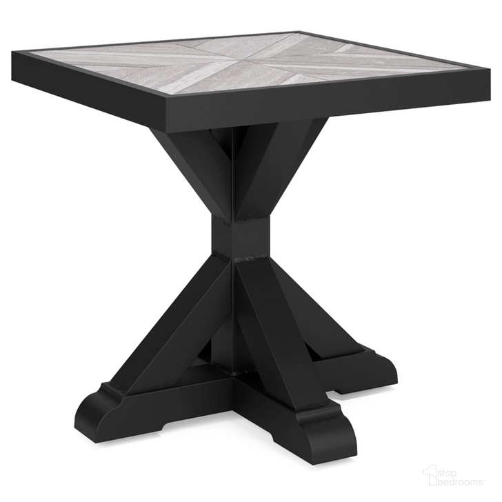 The appearance of Beachcroft Outdoor End Table In Black/Light Gray designed by Signature Design by Ashley in the transitional interior design. This black/light gray piece of furniture  was selected by 1StopBedrooms from Beachcroft Collection to add a touch of cosiness and style into your home. Sku: P792-702. Material: Aluminum. Product Type: Outdoor Table. Image1