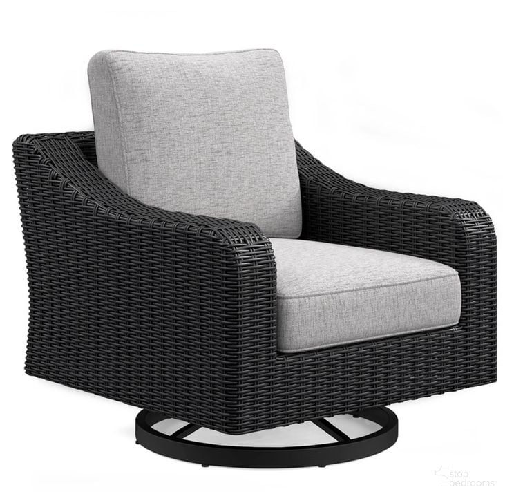 The appearance of Beachcroft Outdoor Swivel Lounge with Cushion In Black/Light Gray designed by Signature Design by Ashley in the transitional interior design. This black/light gray piece of furniture  was selected by 1StopBedrooms from Beachcroft Collection to add a touch of cosiness and style into your home. Sku: P792-821. Material: Aluminum. Product Type: Outdoor Lounge Chair. Image1