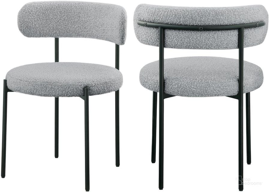 The appearance of Beacon Grey Boucle Fabric Dining Chair Set Of 2 designed by Meridian in the modern / contemporary interior design. This grey piece of furniture  was selected by 1StopBedrooms from Beacon Collection to add a touch of cosiness and style into your home. Sku: 880Grey-C. Material: Fabric. Product Type: Dining Chair. Image1