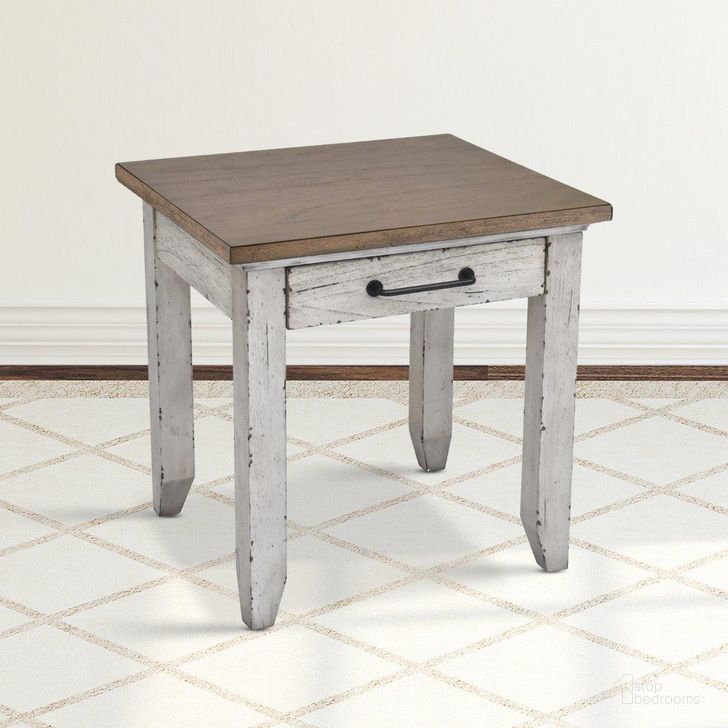 The appearance of Bear Creek Rustic Ivory And Honey End Table designed by Steve Silver in the transitional interior design. This beige piece of furniture  was selected by 1StopBedrooms from Bear Creek Collection to add a touch of cosiness and style into your home. Sku: BC700E. Material: Wood. Product Type: End Table. Image1