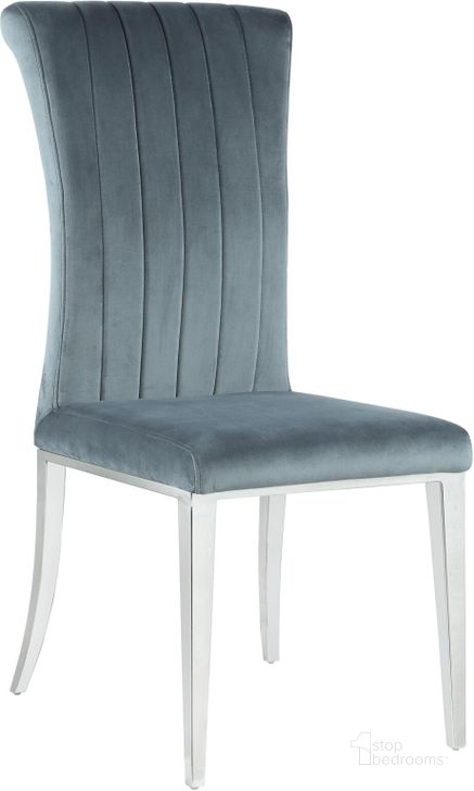 The appearance of Beaufort Dark Grey Velvet Dining Chair Set Of 2 designed by Coaster in the transitional interior design. This gray piece of furniture  was selected by 1StopBedrooms from Beaufort Collection to add a touch of cosiness and style into your home. Sku: 109452. Product Type: Dining Chair. Material: Stainless Steel. Image1