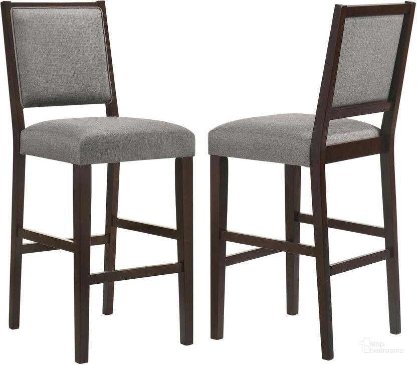 The appearance of Bedford Upholstered Open Back Bar Stools with Footrest Set of 2 In Grey and Espresso designed by Coaster in the transitional interior design. This gray and espresso piece of furniture  was selected by 1StopBedrooms from Bedford Collection to add a touch of cosiness and style into your home. Sku: 183472. Material: Wood. Product Type: Barstool. Image1