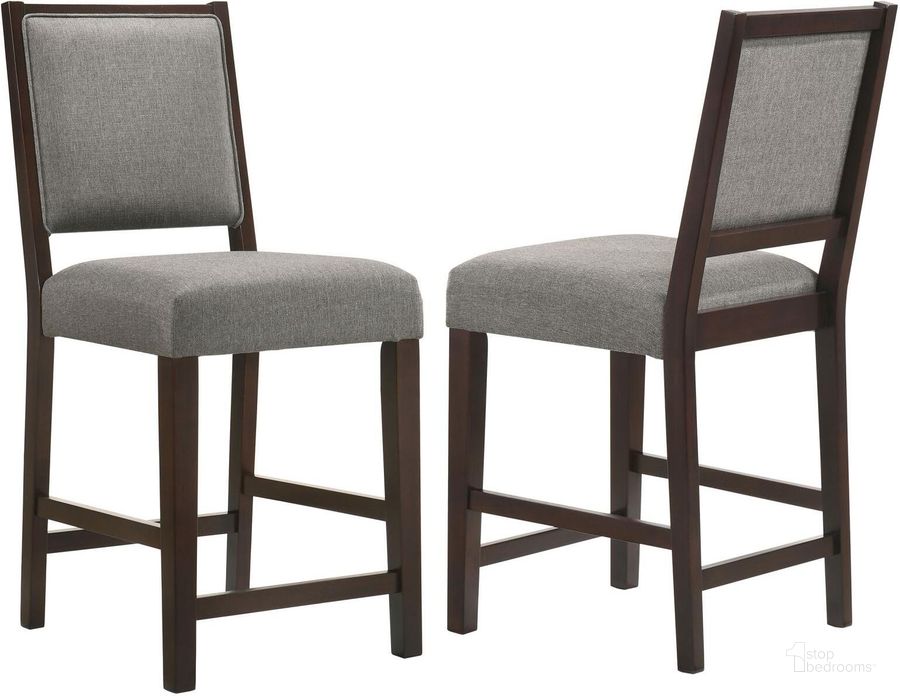 The appearance of Bedford Upholstered Open Back Counter Height Stools with Footrest Set of 2 In Grey and Espresso designed by Coaster in the transitional interior design. This gray and espresso piece of furniture  was selected by 1StopBedrooms from Bedford Collection to add a touch of cosiness and style into your home. Sku: 183471. Material: Wood. Product Type: Counter Height Chair. Image1