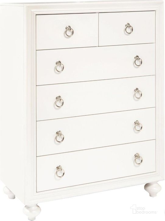 The appearance of Bella White Drawer Chest designed by Samuel Lawrence in the modern / contemporary interior design. This white piece of furniture  was selected by 1StopBedrooms from Bella Collection to add a touch of cosiness and style into your home. Sku: S458-440. Product Type: Chest. Image1