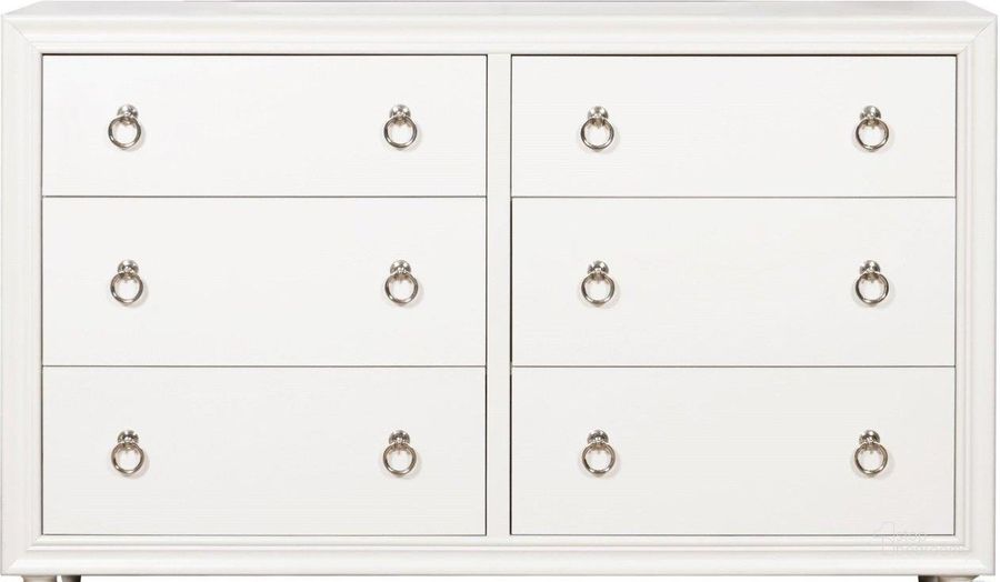 The appearance of Bella White Drawer Dresser designed by Samuel Lawrence in the modern / contemporary interior design. This white piece of furniture  was selected by 1StopBedrooms from Bella Collection to add a touch of cosiness and style into your home. Sku: S458-410. Product Type: Dresser. Image1