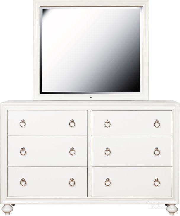 The appearance of Bella Framed Dresser Mirror with LED Lighting In White designed by Samuel Lawrence in the modern / contemporary interior design. This white piece of furniture  was selected by 1StopBedrooms from Bella Collection to add a touch of cosiness and style into your home. Sku: S458-430. Material: MDF. Product Type: Dresser Mirror. Image1