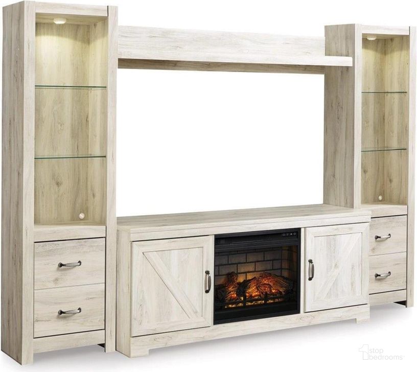 The appearance of Bellaby 4-Piece Entertainment Center with Electric Fireplace In White Wash designed by Signature Design by Ashley in the transitional interior design. This white wash piece of furniture  was selected by 1StopBedrooms from Bellaby Collection to add a touch of cosiness and style into your home. Sku: W100-101;W331-24;W331-24;W331-27;W331-68. Material: Glass. Product Type: Entertainment Center. Image1