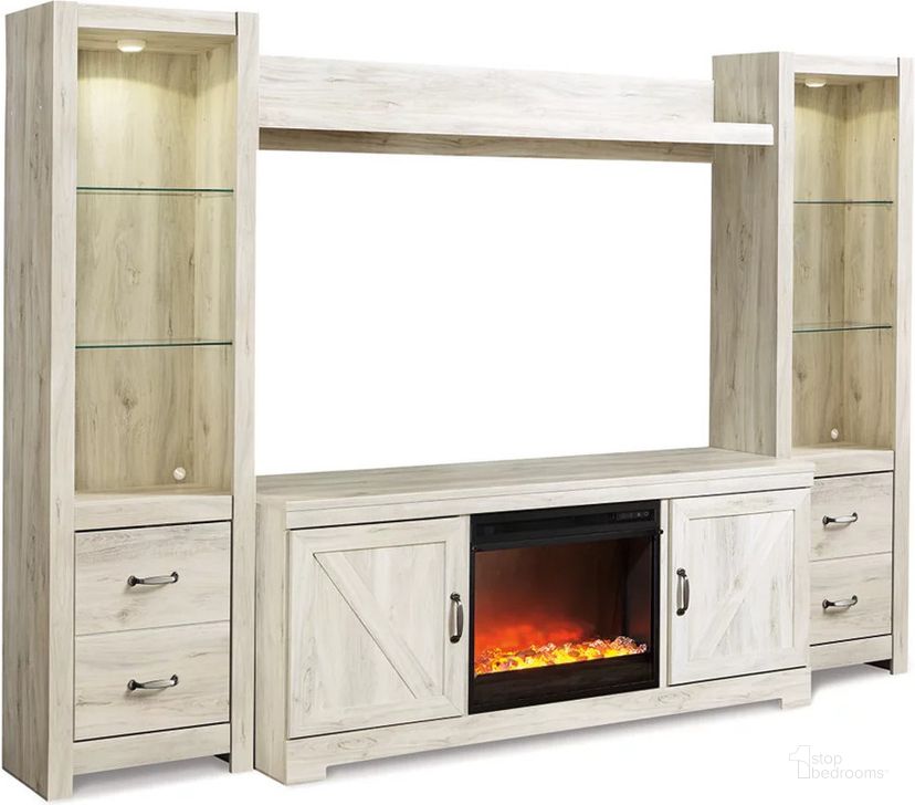 The appearance of Bellaby 4-Piece Entertainment Center with Fireplace In White Wash designed by Signature Design by Ashley in the transitional interior design. This white wash piece of furniture  was selected by 1StopBedrooms from Bellaby Collection to add a touch of cosiness and style into your home. Sku: W100-02;W331-24;W331-24;W331-27;W331-68. Material: Glass. Product Type: Entertainment Center. Image1