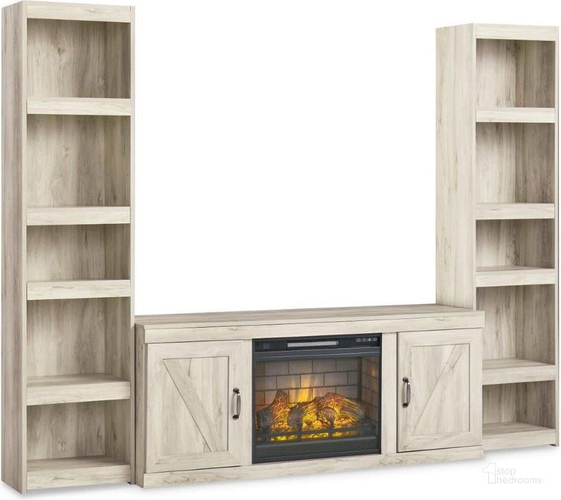 The appearance of Bellaby Whitewash Entertainment Center with Infrared Fireplace Insert designed by Signature Design by Ashley in the transitional interior design. This white wash piece of furniture  was selected by 1StopBedrooms from Bellaby Collection to add a touch of cosiness and style into your home. Sku: EW0331-268;EW0331-124;EW0331-124;W100-101. Material: Wood. Product Type: Entertainment Centers and Wall. Image1