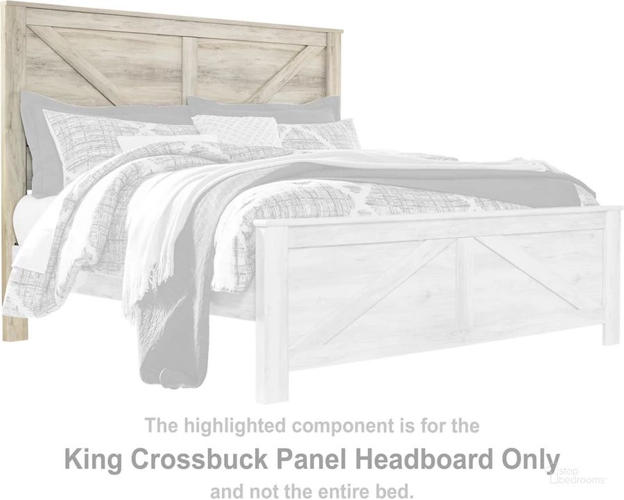 The appearance of Bellaby Whitewash King Crossbuck Panel Headboard Only designed by Signature Design by Ashley in the transitional interior design. This white wash piece of furniture  was selected by 1StopBedrooms from Bellaby Collection to add a touch of cosiness and style into your home. Sku: B331-158. Material: Wood. Product Type: Headboard. Bed Size: King. Image1
