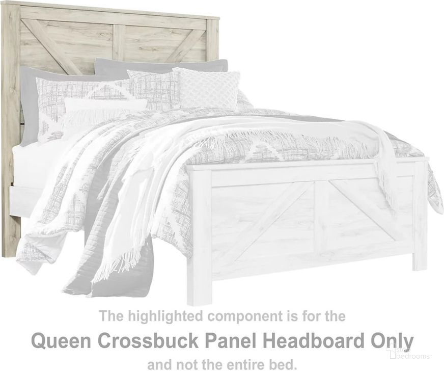 The appearance of Bellaby Whitewash Queen Crossbuck Panel Headboard Only designed by Signature Design by Ashley in the transitional interior design. This white wash piece of furniture  was selected by 1StopBedrooms from Bellaby Collection to add a touch of cosiness and style into your home. Sku: B331-157. Material: Wood. Product Type: Headboard. Bed Size: Queen. Image1
