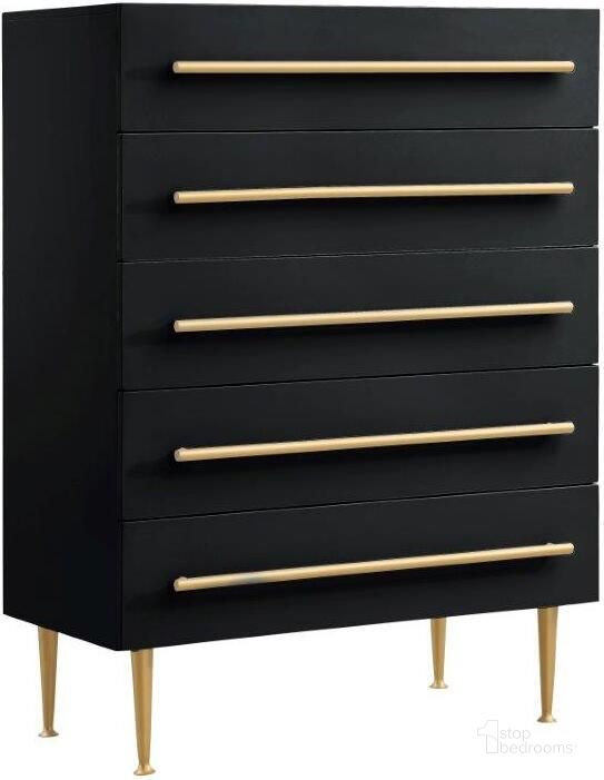 The appearance of Bellanova Black 5 Drawer Chest With Gold Accents designed by Best Master Furniture in the modern / contemporary interior design. This black piece of furniture  was selected by 1StopBedrooms from Bellanova Collection to add a touch of cosiness and style into your home. Sku: B1930GC. Material: Wood. Product Type: Chest. Image1
