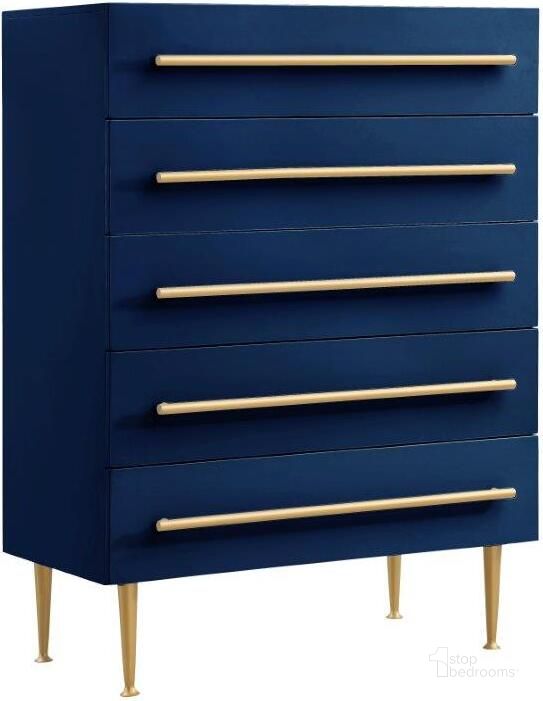 The appearance of Bellanova Navy 5 Drawer Chest With Gold Accents designed by Best Master Furniture in the modern / contemporary interior design. This navy/gold piece of furniture  was selected by 1StopBedrooms from Bellanova Collection to add a touch of cosiness and style into your home. Sku: B1930BC. Material: Wood. Product Type: Chest. Image1
