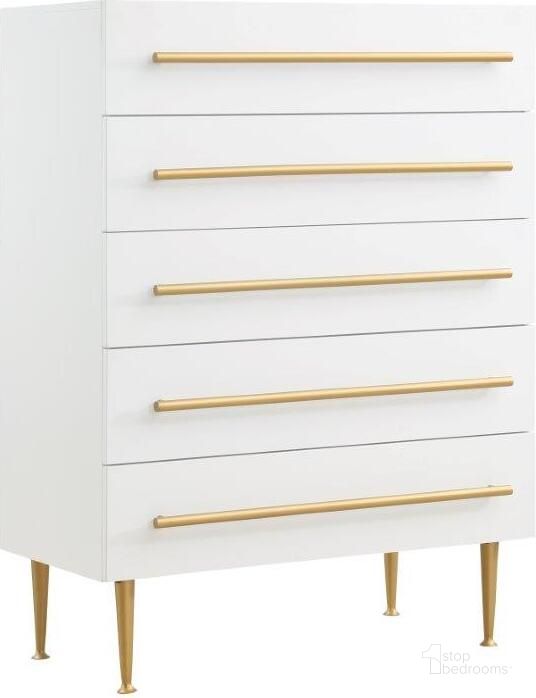 The appearance of Bellanova White 5 Drawer Chest With Gold Accents designed by Best Master Furniture in the modern / contemporary interior design. This white/gold piece of furniture  was selected by 1StopBedrooms from Bellanova Collection to add a touch of cosiness and style into your home. Sku: B1930CRC. Material: Wood. Product Type: Chest. Image1