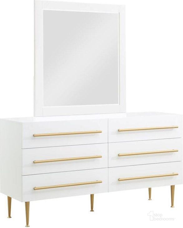 The appearance of Bellanova White Dresser With Mirror With Gold Accents designed by Best Master Furniture in the modern / contemporary interior design. This white/gold piece of furniture  was selected by 1StopBedrooms from Bellanova Collection to add a touch of cosiness and style into your home. Sku: B1930CRDM. Material: Wood. Product Type: Dresser and Mirror. Image1