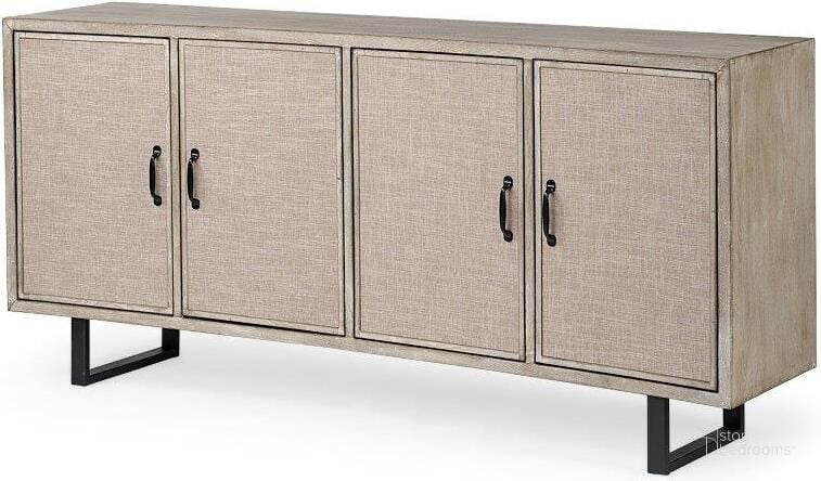 The appearance of Bellefontaine Ii Brown Fir Veneer Frame 4 Fabric Covered Cabinet Door Sideboard designed by Mercana in the modern / contemporary interior design. This brown piece of furniture  was selected by 1StopBedrooms from Bellefontaine Collection to add a touch of cosiness and style into your home. Sku: 68534. Material: Wood. Product Type: Sideboard. Image1