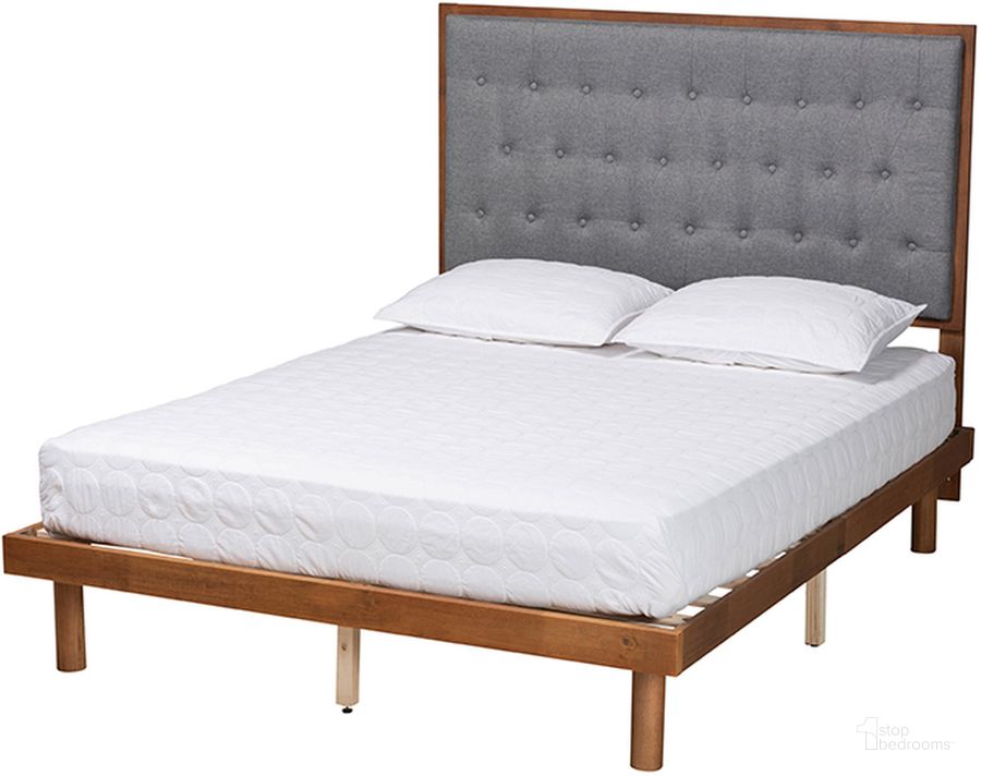 The appearance of Bellini Grey Fabric and Walnut Brown Finished Wood King Platform Bed designed by Baxton Studio in the traditional interior design. This grey and walnut piece of furniture  was selected by 1StopBedrooms from Bellini Collection to add a touch of cosiness and style into your home. Sku: MG9765/0082S-King. Bed Type: Platform Bed. Product Type: Platform Bed. Bed Size: King. Material: Rubberwood. Image1