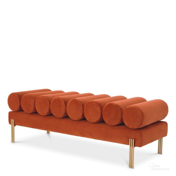 The appearance of Bench Oxley Savona Orange Velvet Brushed Brass Finish designed by Eichholtz in the modern / contemporary interior design. This orange piece of furniture  was selected by 1StopBedrooms from Oxley Collection to add a touch of cosiness and style into your home. Sku: A116559. Product Type: Bench. Material: Velvet. Image1