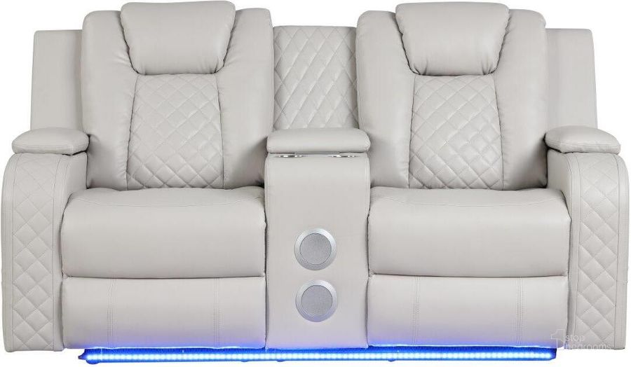 The appearance of Benz Led and Power Reclining Loveseat Made With Faux Leather In Ice designed by Galaxy Home Furnishings in the modern / contemporary interior design. This ice piece of furniture  was selected by 1StopBedrooms from Benz Collection to add a touch of cosiness and style into your home. Sku: 659436352759. Material: Faux Leather. Product Type: Reclining Loveseat. Image1