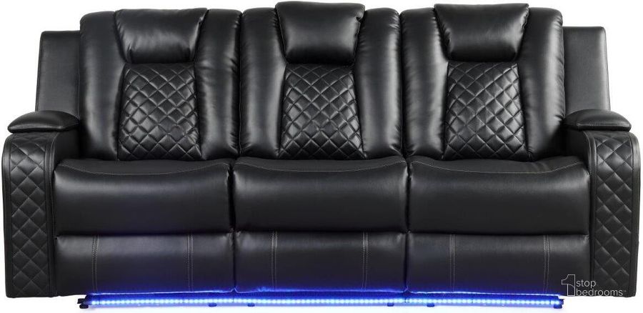 The appearance of Benz Led and Power Reclining Sofa Made With Faux Leather In Black designed by Galaxy Home Furnishings in the modern / contemporary interior design. This black piece of furniture  was selected by 1StopBedrooms from Benz Collection to add a touch of cosiness and style into your home. Sku: 659436482487. Material: Faux Leather. Product Type: Reclining Sofa. Image1