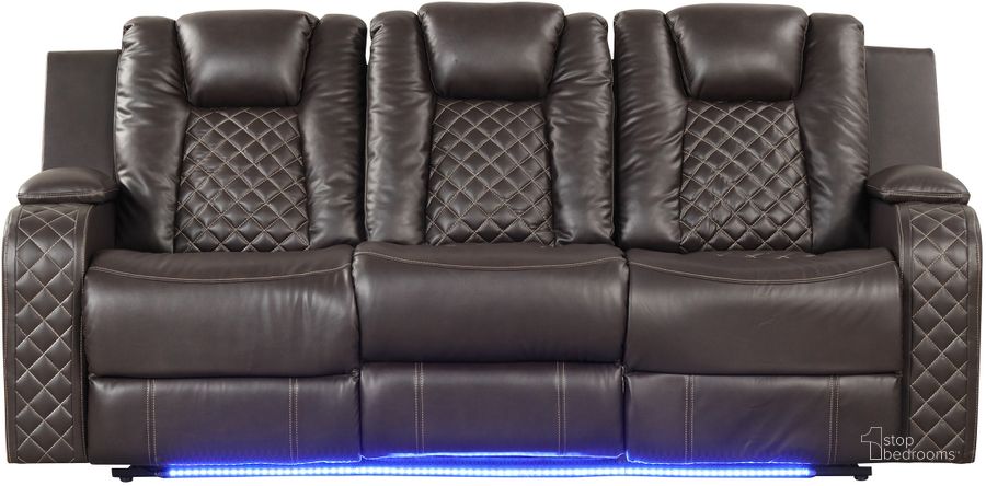 The appearance of Benz Led and Power Reclining Sofa Made With Faux Leather In Brown designed by Galaxy Home Furnishings in the modern / contemporary interior design. This brown piece of furniture  was selected by 1StopBedrooms from Benz Collection to add a touch of cosiness and style into your home. Sku: 659436155572. Material: Faux Leather. Product Type: Reclining Sofa. Image1