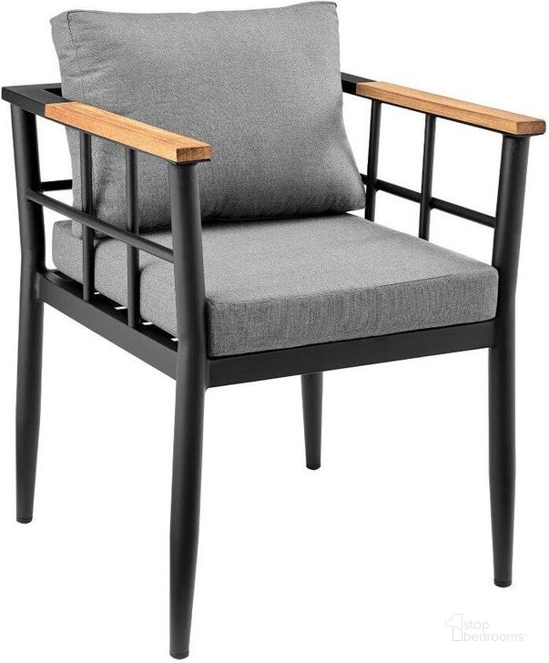 The appearance of Beowulf Outdoor Patio Dining Chair In Aluminum And Teak With Grey Cushions designed by Armen Living in the modern / contemporary interior design. This dark grey piece of furniture  was selected by 1StopBedrooms from Beowulf Collection to add a touch of cosiness and style into your home. Sku: 840254332881. Material: Aluminum. Product Type: Outdoor Dining Chair. Image1