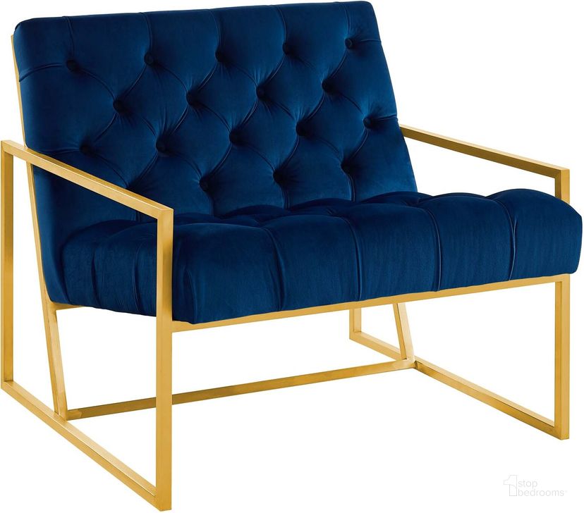 The appearance of Bequest Navy Gold Stainless Steel Performance Velvet Accent Chair designed by Modway in the modern / contemporary interior design. This navy piece of furniture  was selected by 1StopBedrooms from Bequest Collection to add a touch of cosiness and style into your home. Sku: EEI-3073-NAV. Material: Wood. Product Type: Accent Chair. Image1
